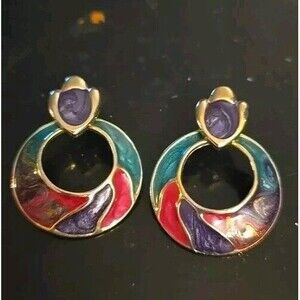 Colorful Enamel Stud Earrings Vintage Swirled Purple Pink Turquoise